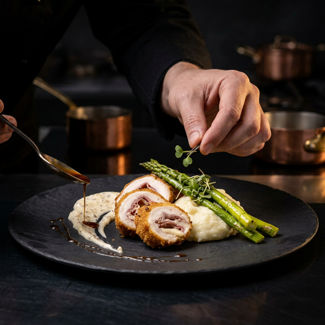 Platillo gourmet servido por chef